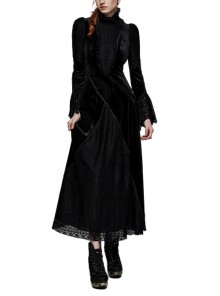 Creative Split Symmetrical Black Stretch Velvet Spliced Lace Stand-Up Collar Beaded Lace Decoration Gothic Style Daily Trumpet Sleeve Dress