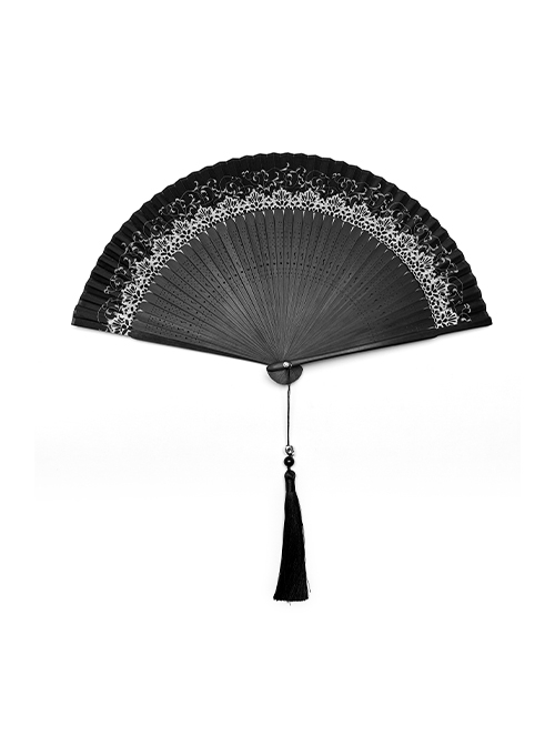 Black Lightweight Tassel Pendant Crown Vine Print Gothic Style Bone Carving Skull Fan