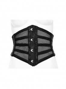 Sexy Black Micro-Stretch Twill Printed Leather Stitched With Hollow Mesh And Rope Steel Bone Punk Style Corset