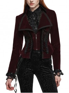 Gorgeous Black And Red Slim Fit Velvet Fabric Large Lapel Gothic Style Corded Tuxedo Long Sleeve Coat
