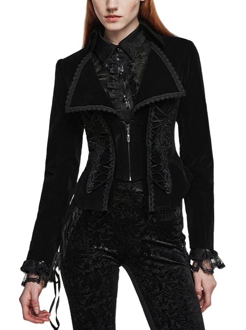Black Gorgeous Slim Fit Velveteen Fabric Large Lapel Gothic Style Corded Tuxedo Long Sleeve Coat