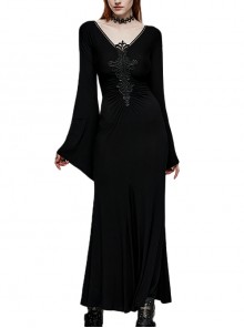 Black Modal Fabric Simple Sexy V-Neck Appliqué Decorated Gothic Long Sleeved Dress