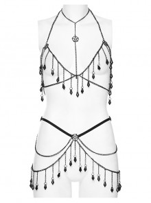 Black Chain-Style Adjustable Lobster Clasp With Crystal Pendant Decorated Gothic Tassel Chest And Waist Chain