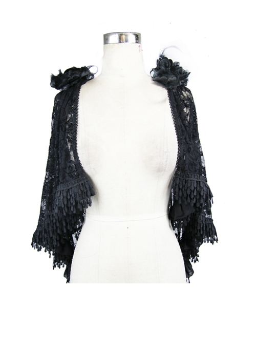 Gothic Shoulder Detachable Rose Macrame Hem Black Feather Lace Shawl