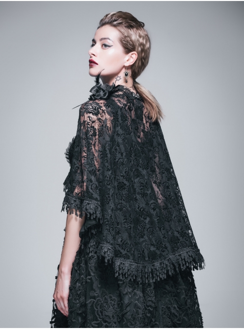 Gothic Shoulder Detachable Rose Macrame Hem Black Feather Lace Shawl