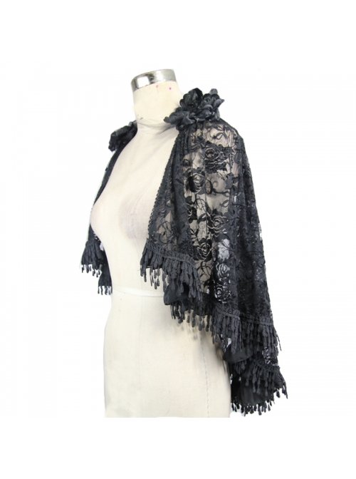 Gothic Shoulder Detachable Rose Macrame Hem Black Feather Lace Shawl