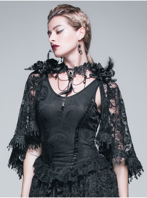 Gothic Shoulder Detachable Rose Macrame Hem Black Feather Lace Shawl