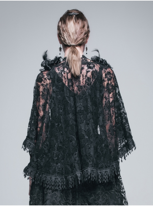 Gothic Shoulder Detachable Rose Macrame Hem Black Feather Lace Shawl