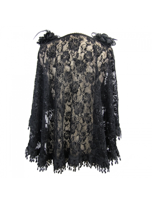 Gothic Shoulder Detachable Rose Macrame Hem Black Feather Lace Shawl