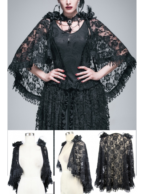 Gothic Shoulder Detachable Rose Macrame Hem Black Feather Lace Shawl