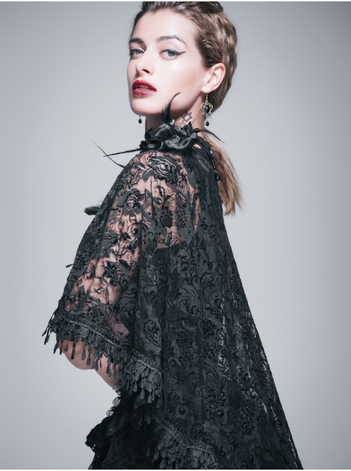 Gothic Shoulder Detachable Rose Macrame Hem Black Feather Lace Shawl