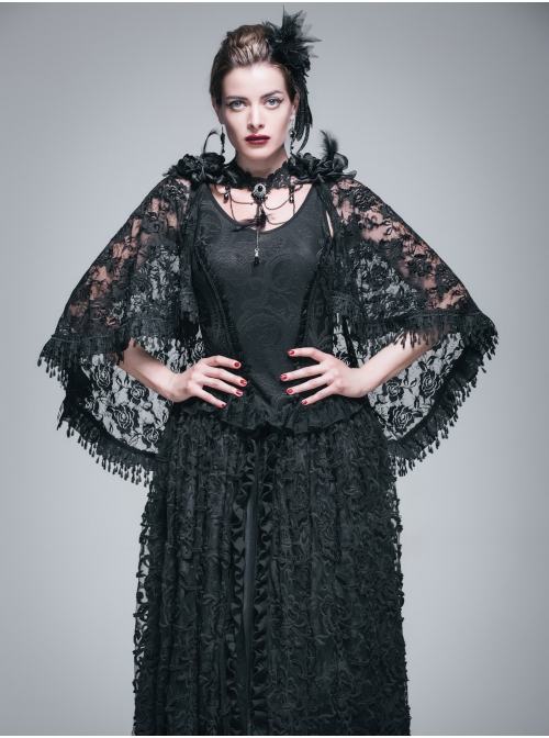 Gothic Shoulder Detachable Rose Macrame Hem Black Feather Lace Shawl