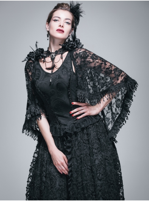 Gothic Shoulder Detachable Rose Macrame Hem Black Feather Lace Shawl