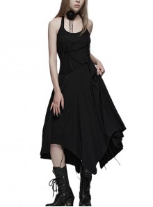 Black Personalized Halterneck Adjustable Long Shoulder Straps Asymmetrical Pointed Hem Gothic Style Breathable Sleeveless Splicing Dress
