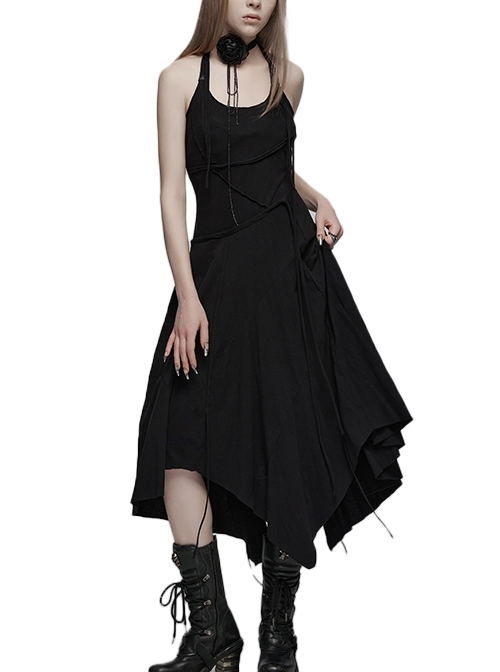 Black Personalized Halterneck Adjustable Long Shoulder Straps Asymmetrical Pointed Hem Gothic Style Breathable Sleeveless Splicing Dress