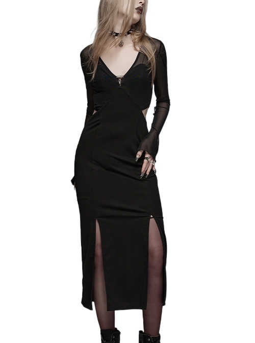 Sexy Black Stretch Knit Stitching Pleated Printed Large A-Hem Tube Top Gothic Style Simple Contrast Color Long Sleeved Dress