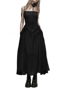 Black Stretch Twill Woven Long Slim Fit Gothic Slightly See-Through Slip Dress
