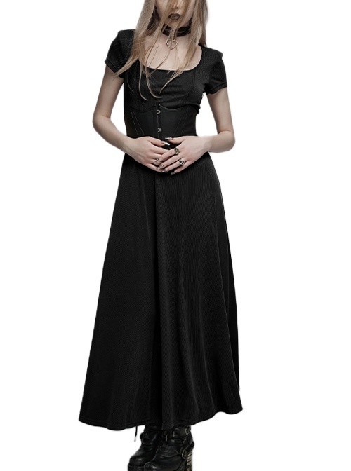 Simple Black Knitted Short-Sleeved Detachable Shoulder Pads Square Collar Gothic Style Waist Dress