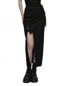 Black Stretch Knitted U-Shaped Diagonal Slits And Reflective Mirror Buttons Decorated Gothic Style Sexy Skirt