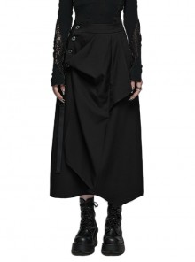 Loose Black Twill Woven Mid-High Waist Gothic Style Irregular Skirt
