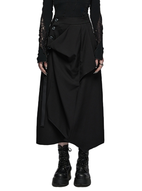 Loose Black Twill Woven Mid-High Waist Gothic Style Irregular Skirt
