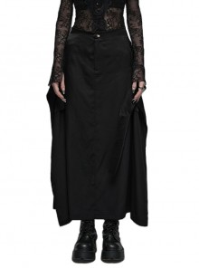 Black Matte Waist-Cinching Regular Panel Back Slit Gothic Style Mid-Waist Strappy Skirt