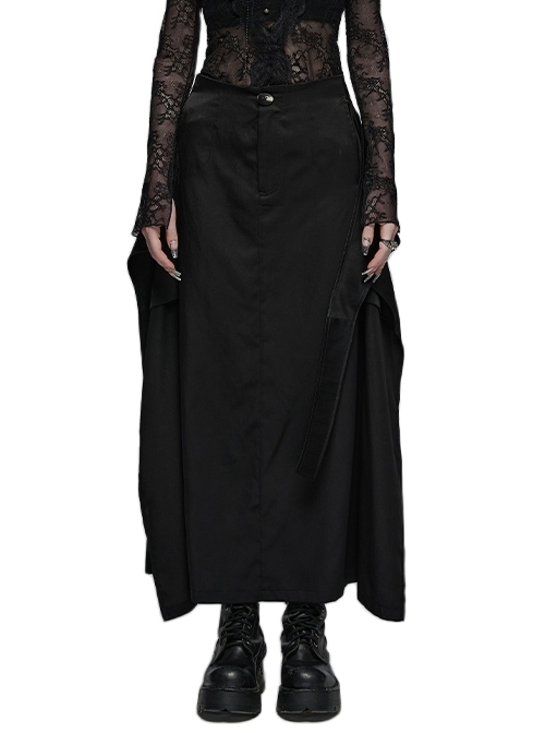 Black Matte Waist-Cinching Regular Panel Back Slit Gothic Style Mid-Waist Strappy Skirt