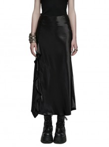 Black Slim-Fitting Asymmetrical Side Slit Ruffled Soft Non-Elastic Gothic Fishtail Skirt