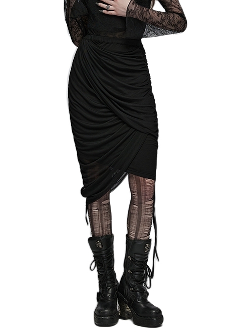Sexy Black Hip-Hugging Asymmetrical Hem Breathable Elastic Knitted Gothic Style Two-Piece Skirt