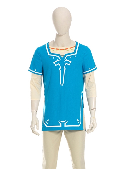 The Legend Of Zelda Link Blue Champion's Tunic Suit Halloween Cosplay Costume Blue Short Sleeve Top And Beige Bottoming Top