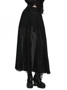 Black Elegant A-Hem V-Shaped Glossy Patent Leather Strip Decorated Punk Style Anti-Exposure Chiffon See-Through Culottes