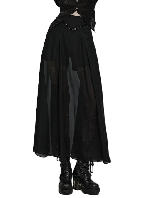 Black Elegant A-Hem V-Shaped Glossy Patent Leather Strip Decorated Punk Style Anti-Exposure Chiffon See-Through Culottes