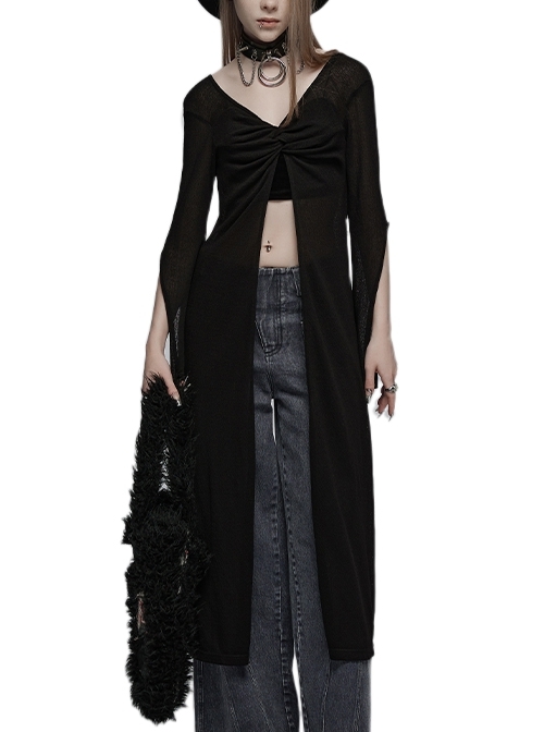 Sexy Black Soft Wool Reversible U-Neck Punk Style Long Sleeved Jacket