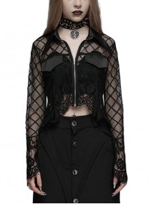 Black Sexy Lace Slim Fit Pointed Hem Stand Collar Gothic Soft Bell Sleeve Cardigan Shirt