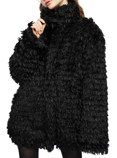 Black Thick Stand Collar Front Zip Punk Style Loose Mid-Length Jacket