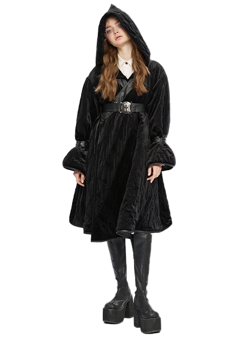 Black Loose Long Strapped V-Neck Faux Leather Metal Hoop Punk Style Waisted Hooded Jacket