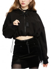 Chinese Black Knitted Short Loose Collar Punk Style Hooded Long-Sleeved Shirt