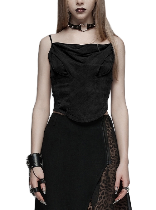 Sexy Fit Black Textured Side Arc Split Gothic Style High Elastic Copper Ammonium Silk Camisole