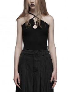 Black Stretch Knit Fitted National Style Water Drop Hollow Punk Style Camisole