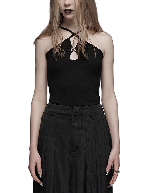 Black Stretch Knit Fitted National Style Water Drop Hollow Punk Style Camisole