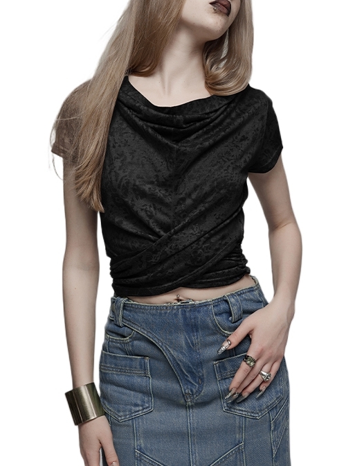 Black Abstract Floral Pattern Loose Cross-Hem Punk Style Hooded Short Sleeved T-Shirt