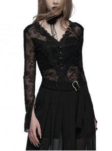 Sexy Black Three-Dimensional Lace Hook V-Neck Gothic Style Sexy Waist Long Sleeved T-Shirt
