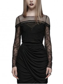 Black Round Neck Stretch Mesh Patchwork Lace Print Gothic Style Slim Long-Sleeved T-Shirt