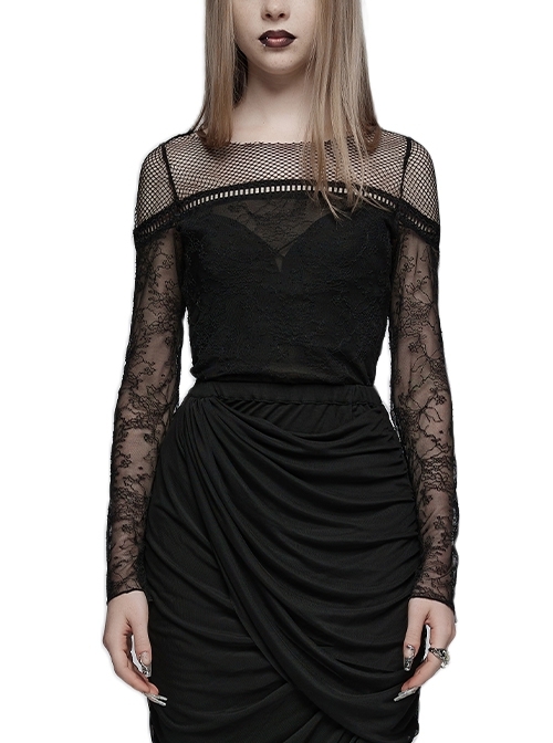 Black Round Neck Stretch Mesh Patchwork Lace Print Gothic Style Slim Long-Sleeved T-Shirt