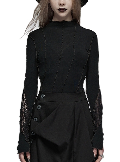 Personalized High Elastic Black Knitted Cuffs Slit Stand Collar Punk Style Fitted Long Sleeved T-Shirt
