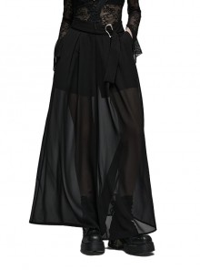 Personalized Black Soft Twill Mid-Rise Loose Waist With Irregular Japanese Buckle Decoration Punk Style Wide-Leg Trousers