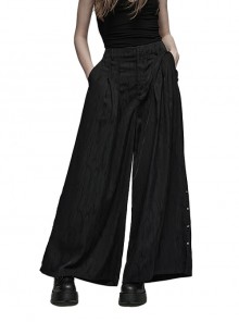 Black Silk Moisture-Absorbent And Breathable Side Slit Mid-High Waist Punk Style Chinese Wide-Leg Trousers