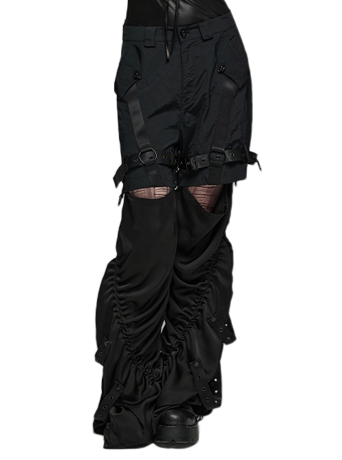 Handsome Black Non-Elastic Quick-Drying Woven Layered Trousers With Adjustable Webbing Punk Style Detachable Two-Wear Loose Overalls
