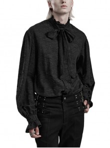 Black Cotton Jacquard Ruffled Stand Collar With Separate Tie Gothic Style Long Sleeved Shirt