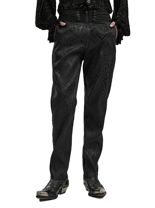 Black Statement Twill Jacquard With Waist Wrap Appliqué Decoration Gothic Style Men's Trousers